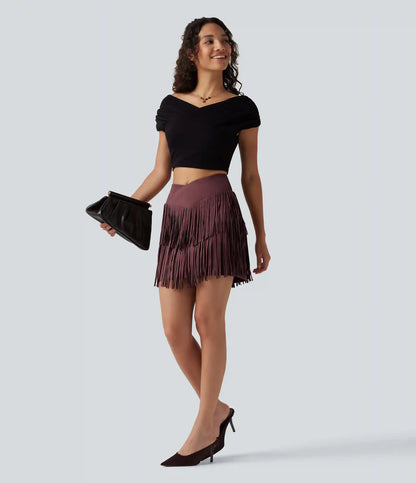 Crossover High Waisted 2-in-1 Fringe Hem Bodycon Mini Suede Party Skirt-Longer Length