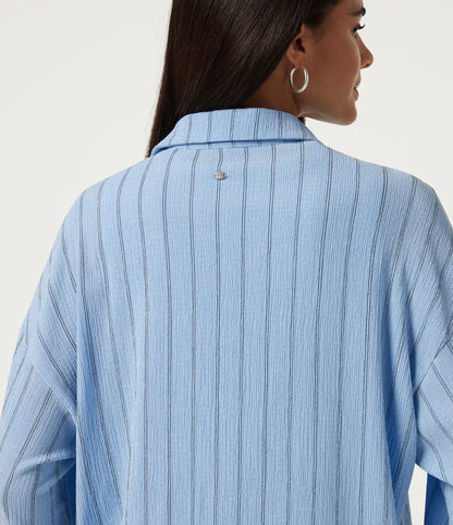 Collared Dropped Long Sleeve Relaxed Stripe Casual Blouse