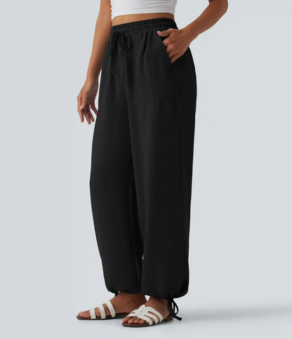 High Waisted Drawstring Wide Leg Casual Linen-Feel Joggers with Pockets