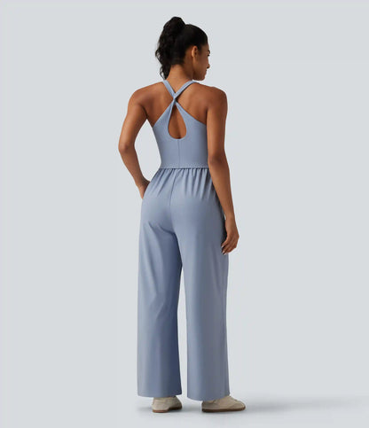 SoftlyZero™ Airy U Neck Crisscross Back InstantCool Dance Jumpsuit with Built-in Bra and Pockets-Easy Peezy Edition