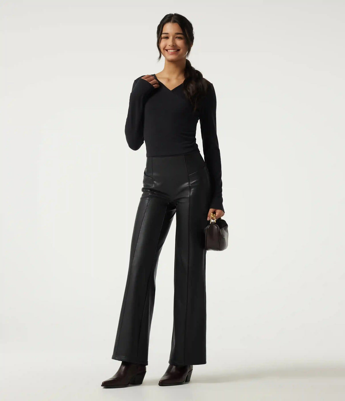 High Waisted Stretchy PU Fleece Tummy Control Casual Flare Pants with Pockets