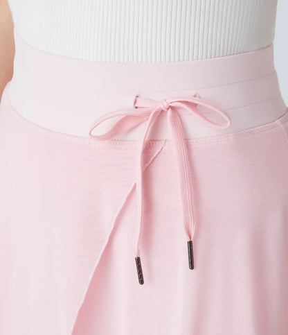 High Waisted Drawstring Contrast Mesh 2-in-1 Pocket Flowy Midi Flare Casual Skirt
