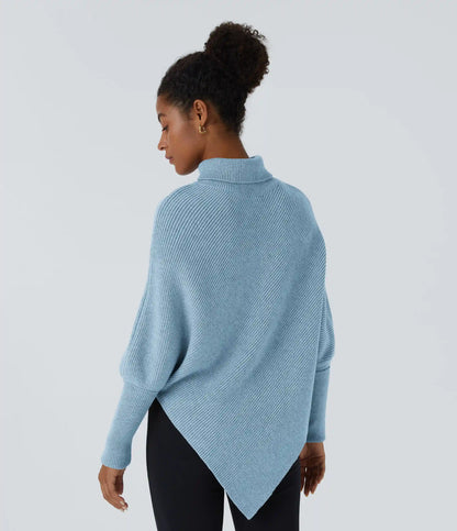 High Neck Long Sleeve Asymmetric Hem Work Sweater