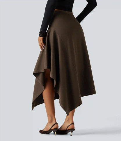 High Waisted A-Line Asymmetric Hem Midi Casual Skirt