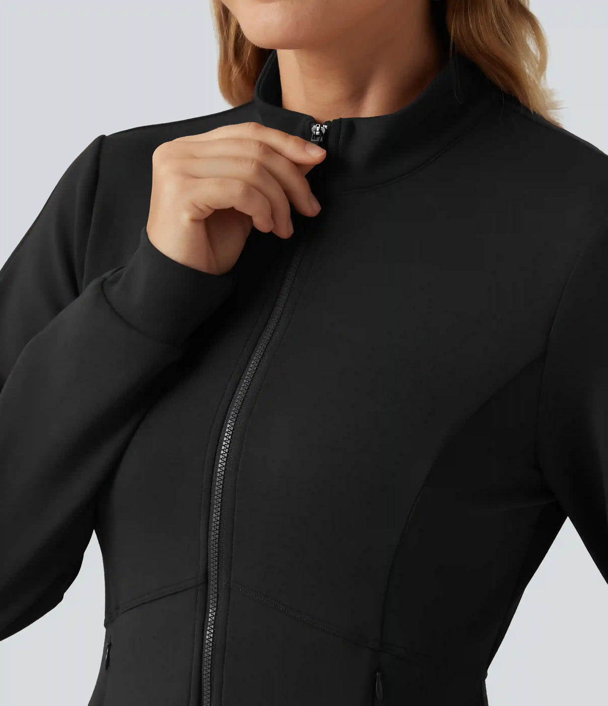 SpacerTek™ Stand Collar Zip Fly Long Sleeve Ruffle Hem Yoga Jacket with Pockets