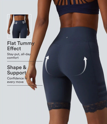 Halara UltraSculpt™ High Waisted Tummy Control Breathable Mesh Contrast Lace Yoag Biker Shorts 9'' with Pockets