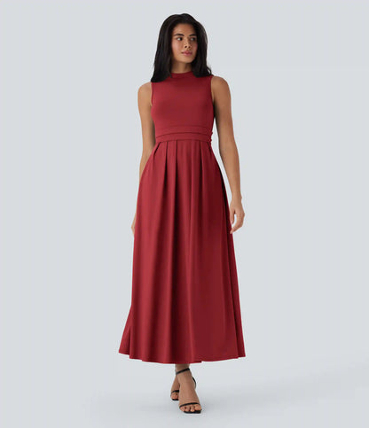 Stand Collar Sleeveless Flare Maxi Casual Dress with Pockets