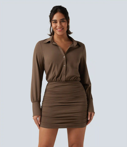 Long Sleeve Ruched Casual Mini Shirt Dress