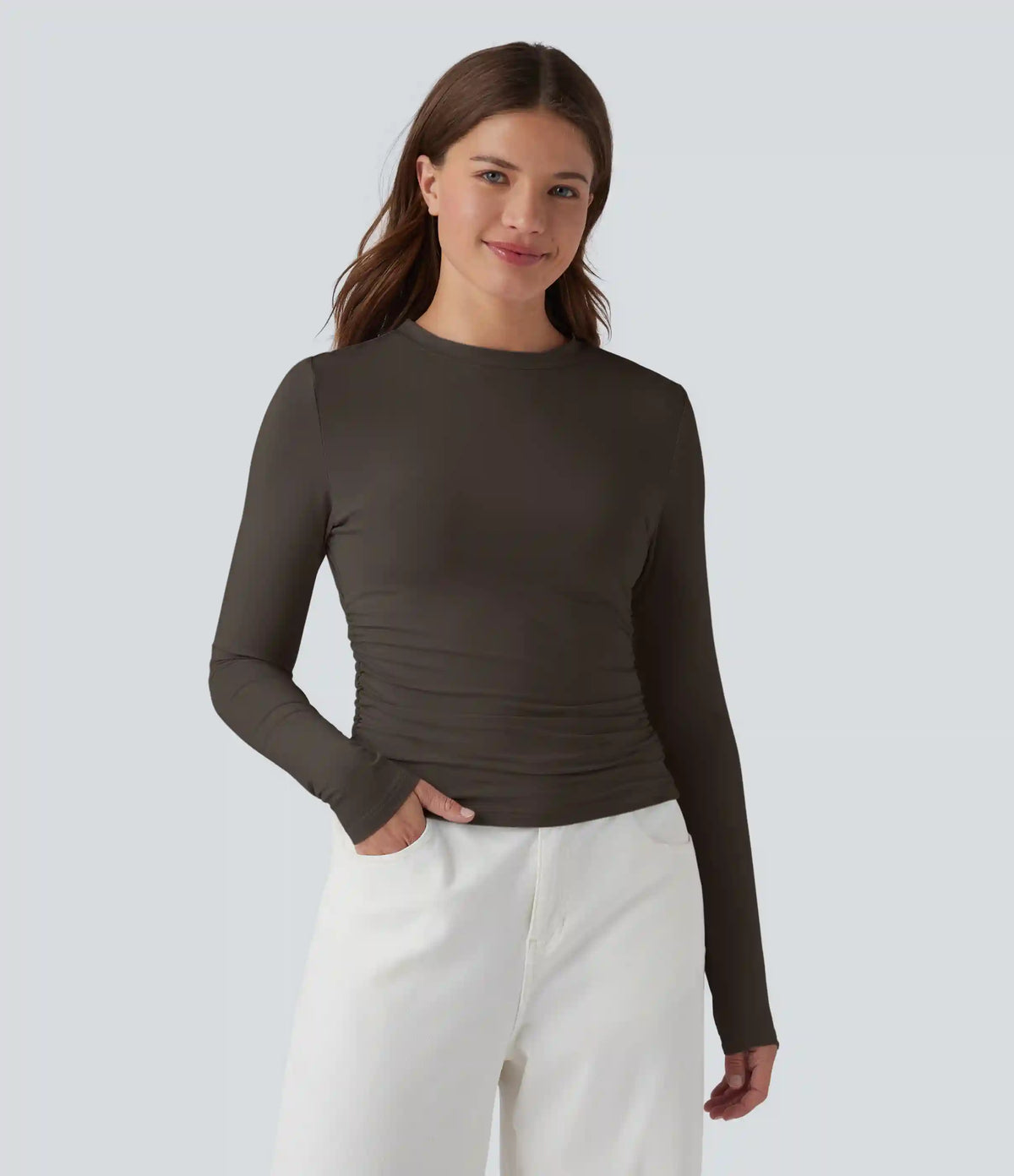 Round Neck Long Sleeve Ruched Casual Top