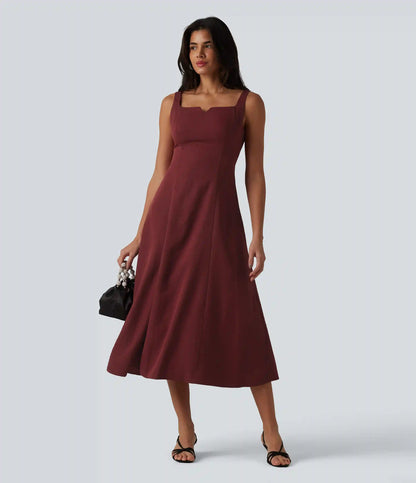 Square Neck Notched Shirred Midi Flowy Bridesmaid And Wedding Guest Dress
