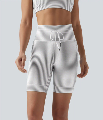 High Waisted Drawstring Striped Yoga Biker Shorts 7'' with Pockets