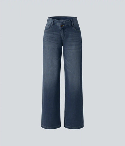 Halara Flex™ Asymmetric Low Rise Zipper Pockets Baggy Wide Leg Washed Casual Jeans