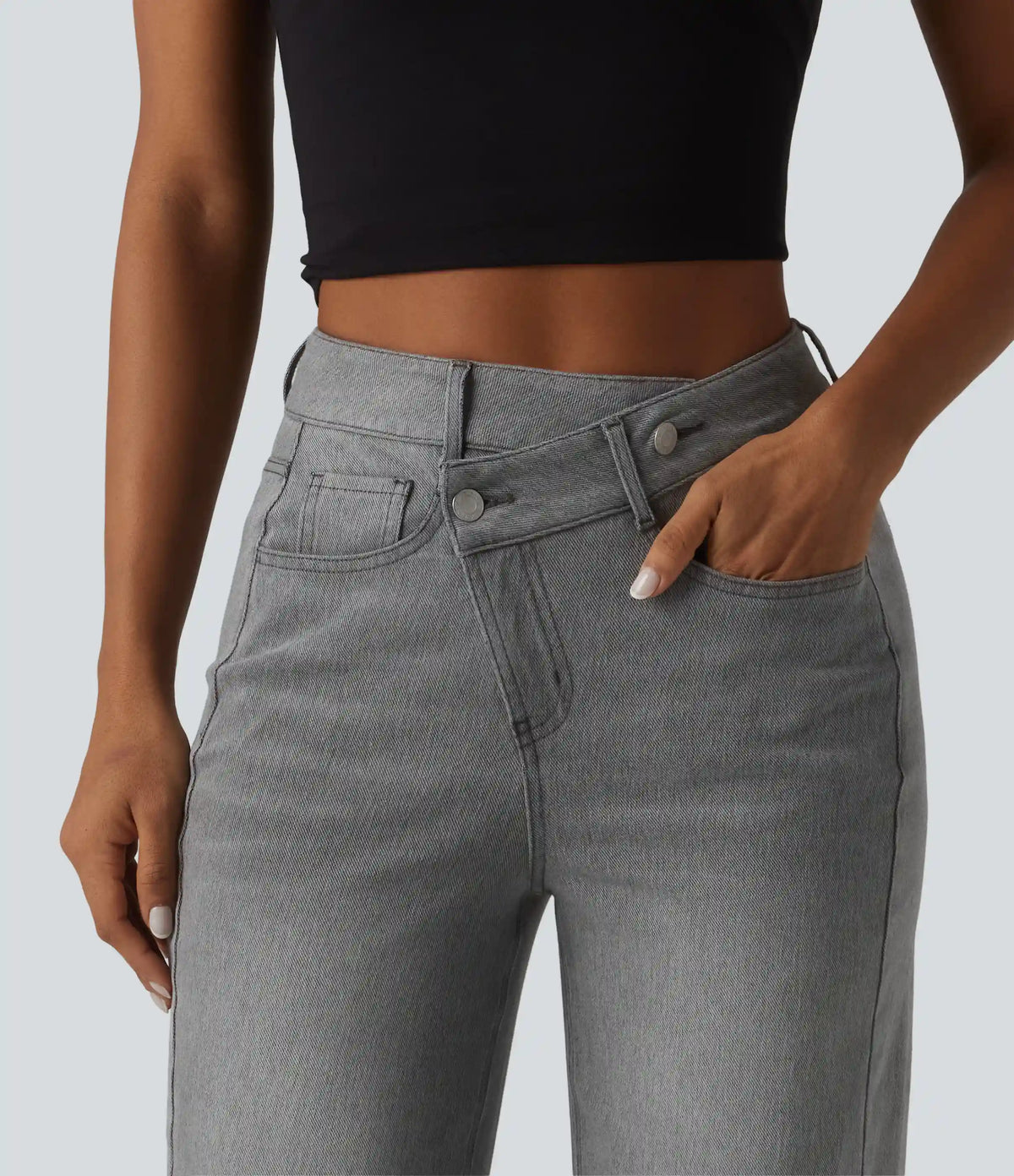 Halara Flex™ Asymmetric High Waisted Washed Casual Baggy Jeans with Pockets