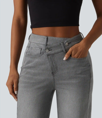Halara Flex™ Asymmetric High Waisted Washed Casual Baggy Jeans with Pockets