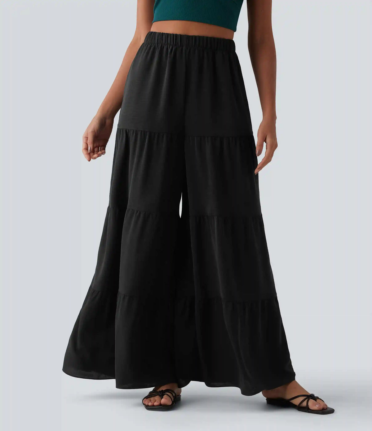 High Waisted Wide Leg Flowy Linen-Feel Pants with Pockets