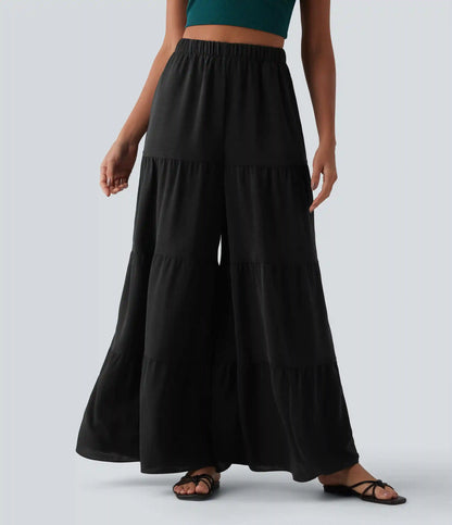 High Waisted Wide Leg Flowy Linen-Feel Pants with Pockets