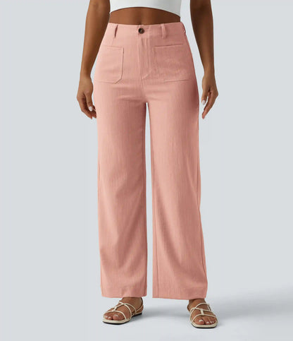 High Waisted Straight Leg Casual Linen-Feel Pants with Pockets