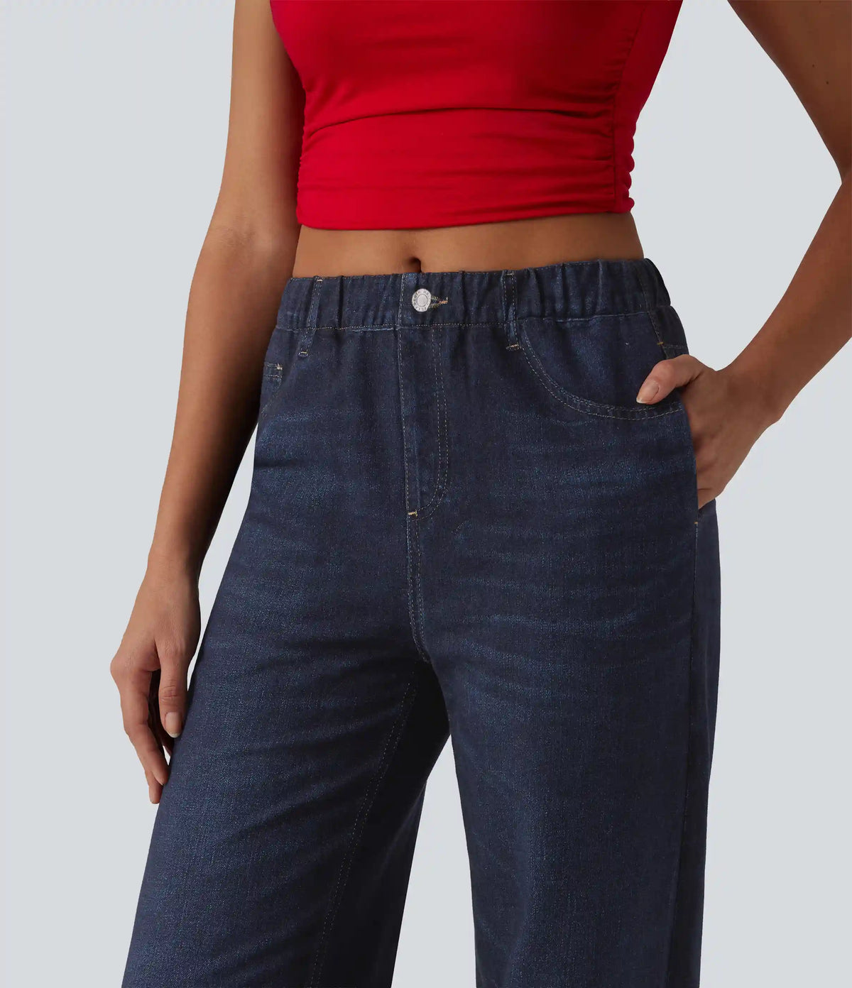 Mid Rise Denim Print French Terry Casual Sweatpants Jeans with Pockets