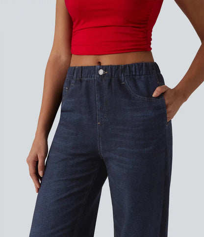 Mid Rise Denim Print French Terry Casual Sweatpants Jeans with Pockets