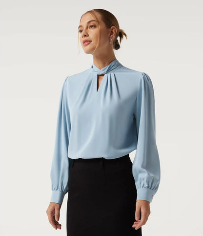 Mock Neck Tie Back Long Sleeve Work Blouse