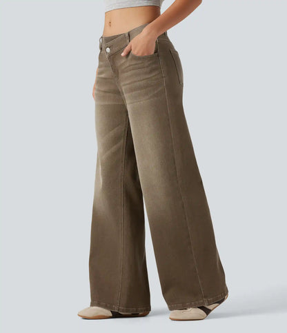 Low Rise Asymmetric Wide Leg Colorful Casual Jeans with Pockets