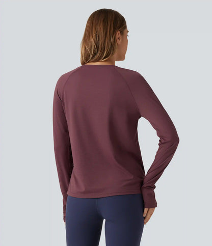 Round Neck Mesh Raglan Long Sleeve Thumb Holes Quick Dry Running Sports Top