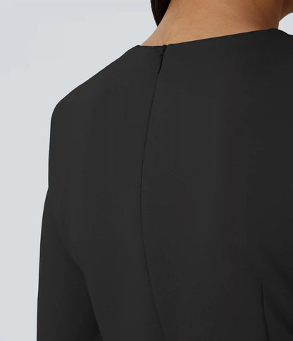 Round Neck Shoulder Pad Long Sleeve Hem Slim Mini Work Dress