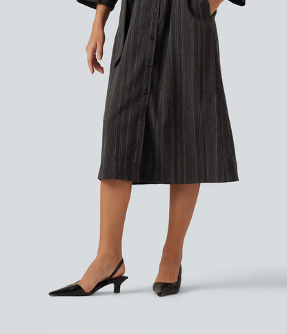 V Neck Long Sleeve Belted Stripe Midi Casual Linen-Feel Shirt Dress with Pockets
