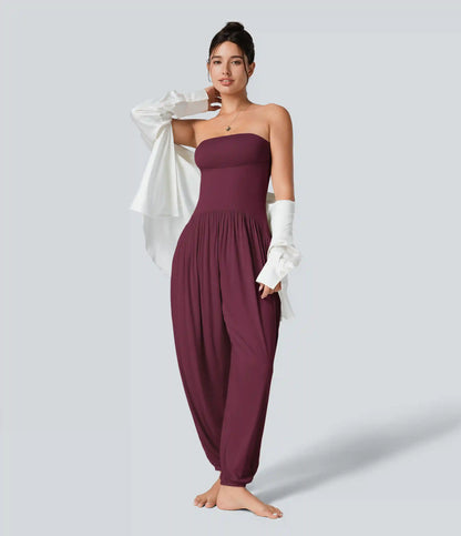 Ribbed Tube Backless Side Pocket Casual Jumpsuit