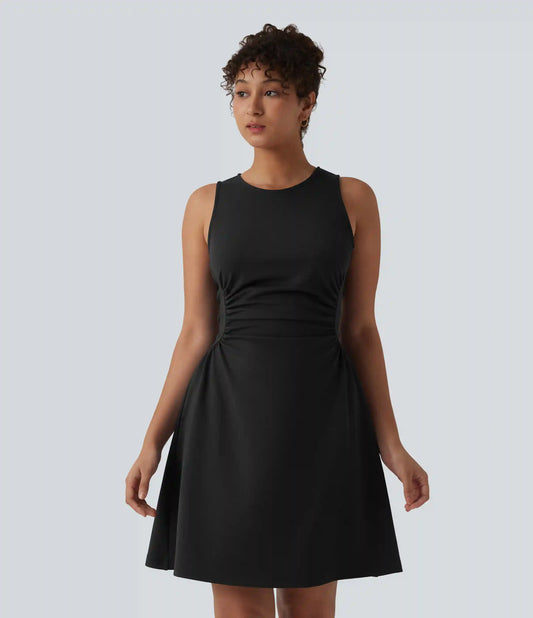 Round Neck Sleeveless Ruched Mini Work Dress with Pockets