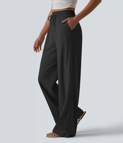 High Waisted Drawstring Wide Leg Baggy Casual Stretch Linen Pants with Pockets
