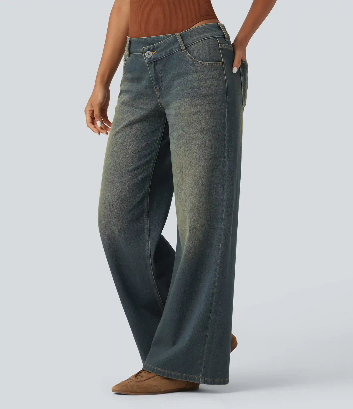 Halara Flex™ Asymmetric Low Rise Zipper Pockets Baggy Wide Leg Washed Casual Jeans