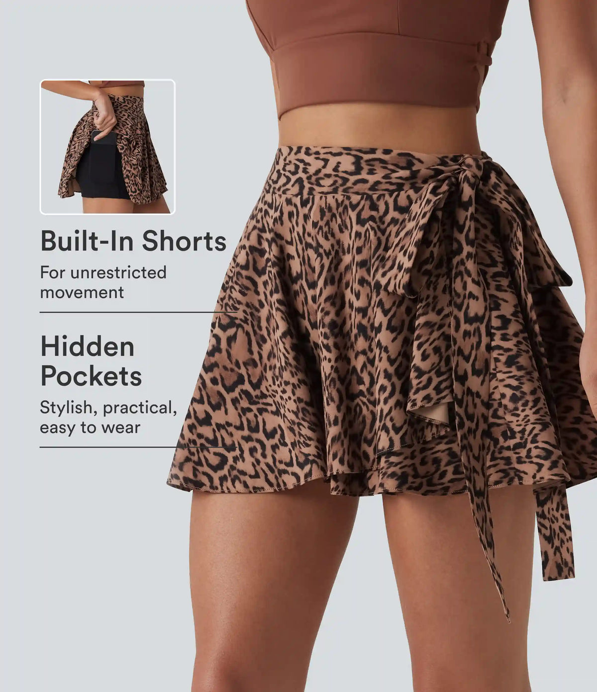 High Waisted Tie Side 2-in-1 Leopard Print Flowy Mini Tennis Skirt with Pocket
