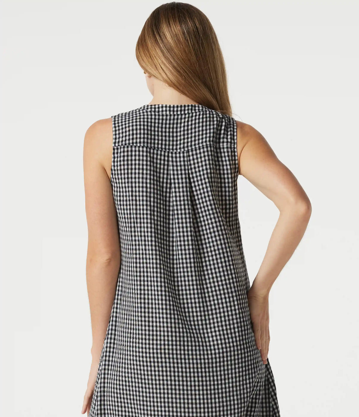 Round Neck Sleeveless Plaid Midi Casual Linen-Feel Dress with Pockets