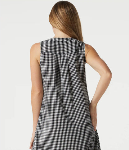 Round Neck Sleeveless Plaid Midi Casual Linen-Feel Dress with Pockets