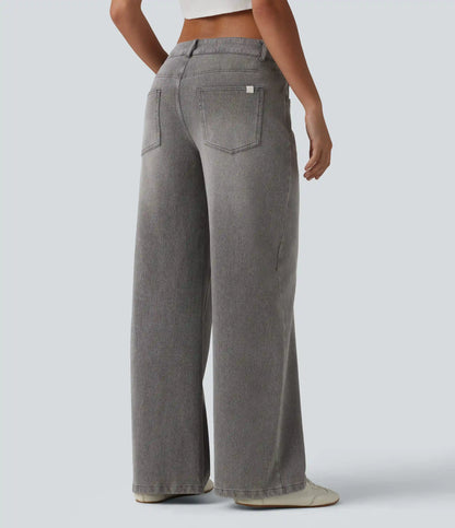 Halara Flex™ Asymmetric Low Rise Zipper Pockets Baggy Wide Leg Washed Casual Jeans