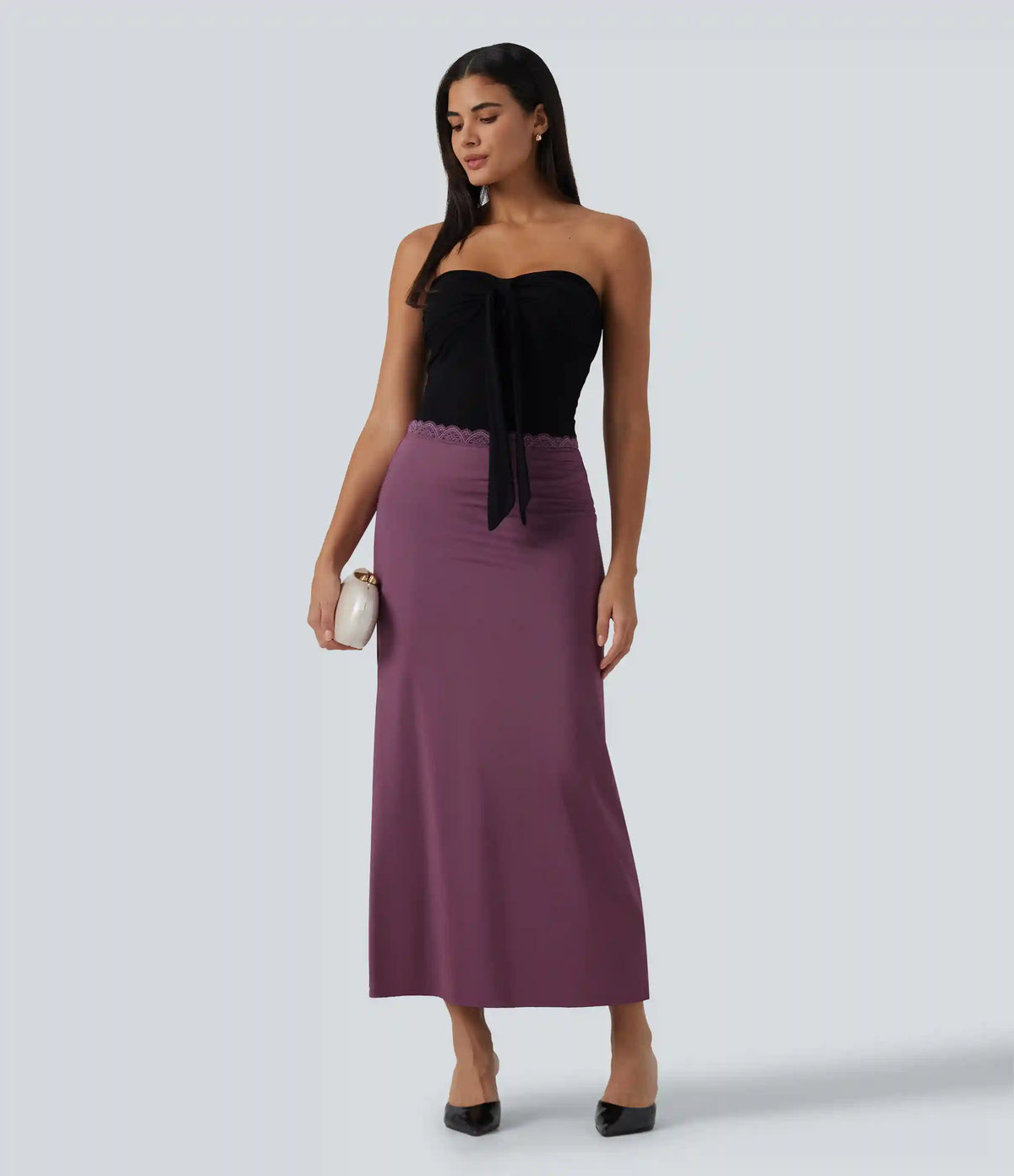 Mid Rise Contrast Lace Stretchy Satin-Like InstantCool Maxi Party Pencil Skirt