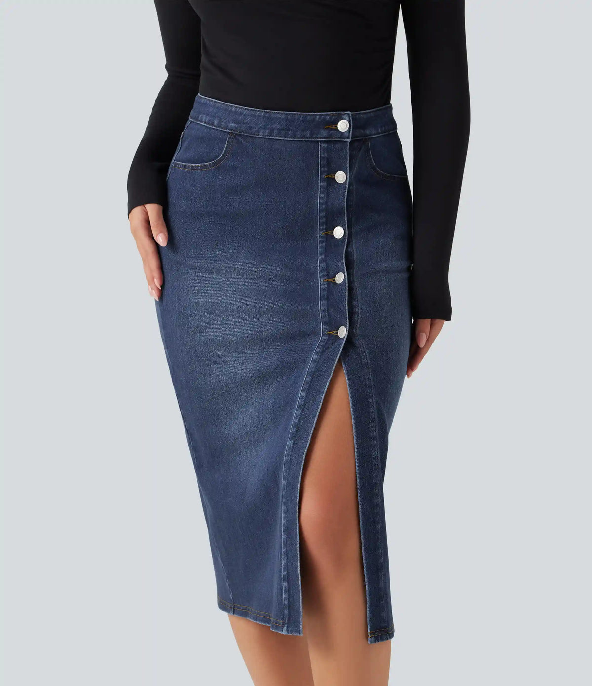 Halara Flex™ High Waisted Denim Bodycorn Midi Casual Skirt with Pockets