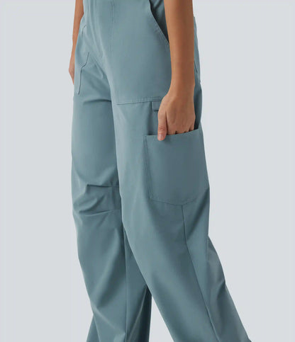 High Waisted Straight Leg Stretchy Poplin Casual Cargo Pants with Pockets