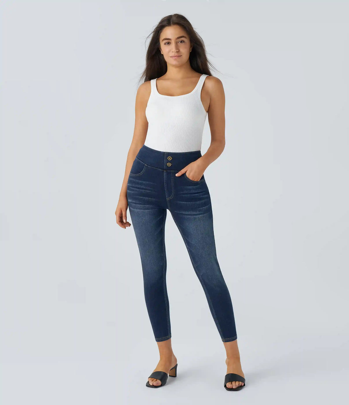 Halara Flex™ Curvy High Waisted Decorative Pockets Washed Casual 7/8 Jeans