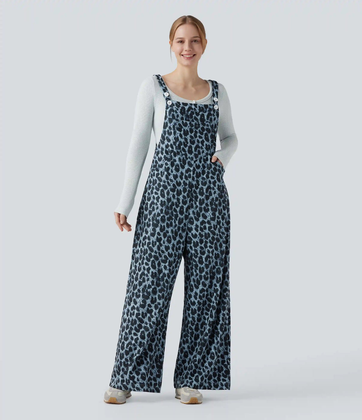 Leopard Print Waffle Casual Overalls with Pockets