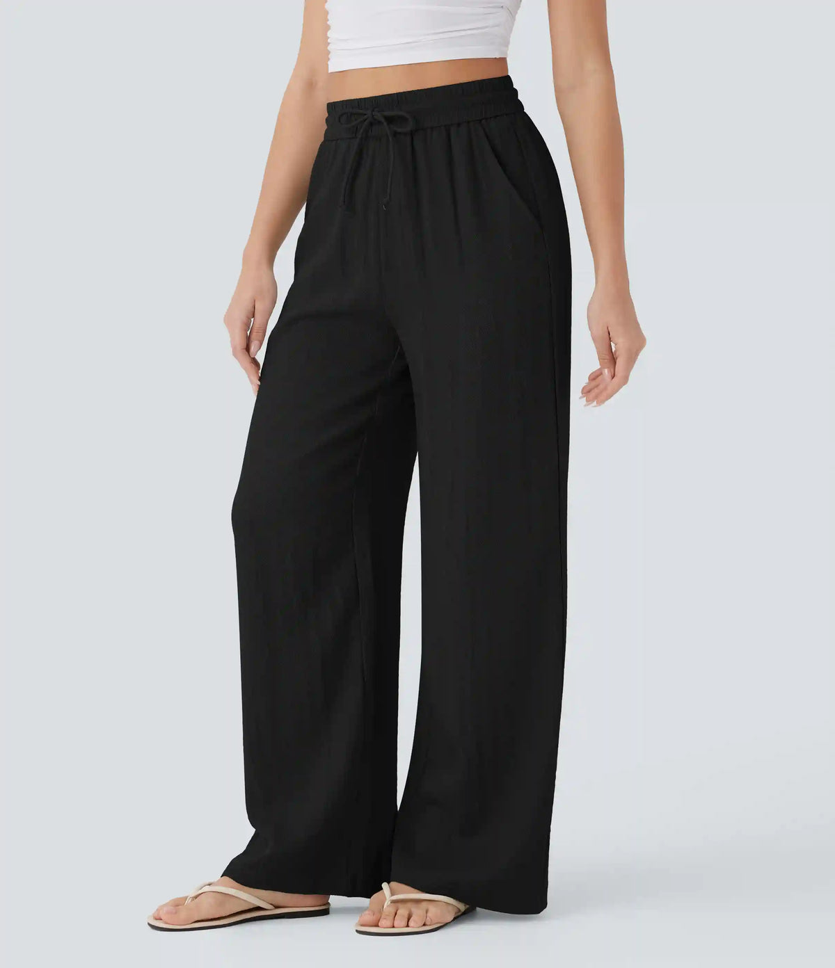 High Waisted Drawstring Pocket Wide Leg Baggy Casual Linen-Feel Pants