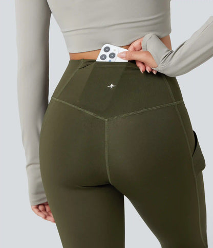Wear-Resistant Reflective Crossover High Waisted Hiking 7/8 Leggings with Pocket