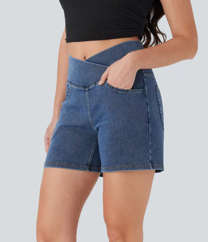Halara Flex™ Crossover High Waisted Pockets Wide Leg A Line Washed Denim Casual Shorts