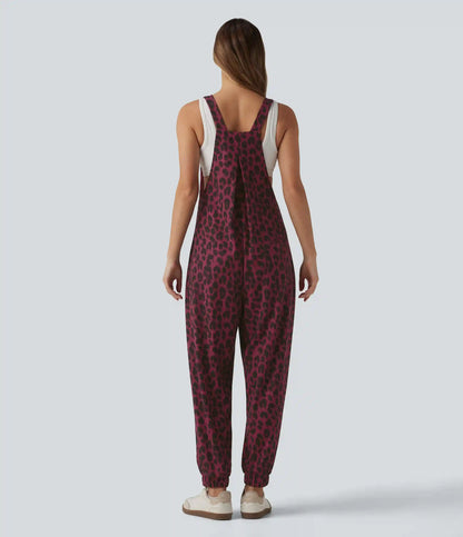 Adjustable Straps Leopard Print Waffle Casual Jogger Overalls with Pockets