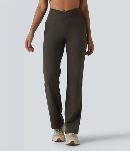 Crossover High Waisted Yoga Bootcut Pants with Pockets