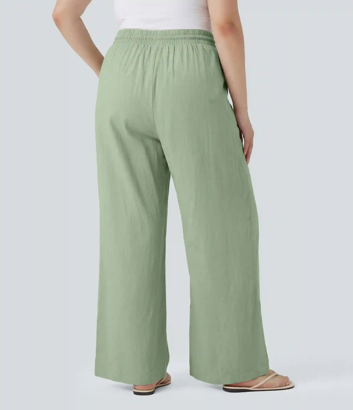 Plus Size High Waisted Drawstring Wide Leg Casual Linen-Blend Pants with Pockets