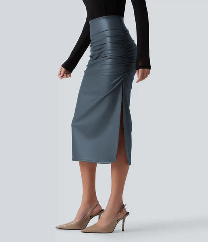 High Waisted Tummy Control Ruched Curved Hem 2-in-1 Fleece PU Midi Casual Skirt