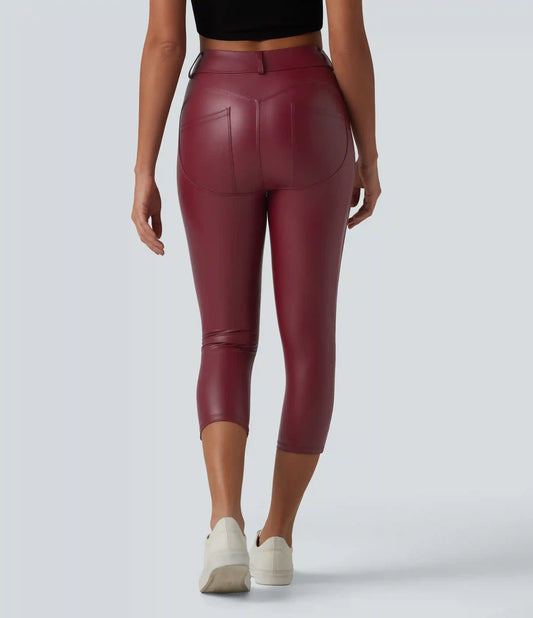 High Waisted Stretchy PU Casual Capri Leggings with Pockets