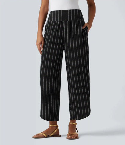 High Waisted Curved Hem Stripe Casual Pants with Pockets